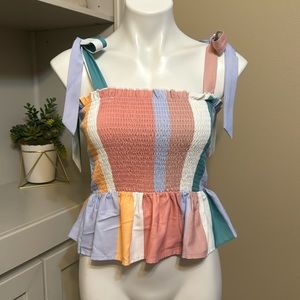 Ruffle smocked tank top tie shoulder!